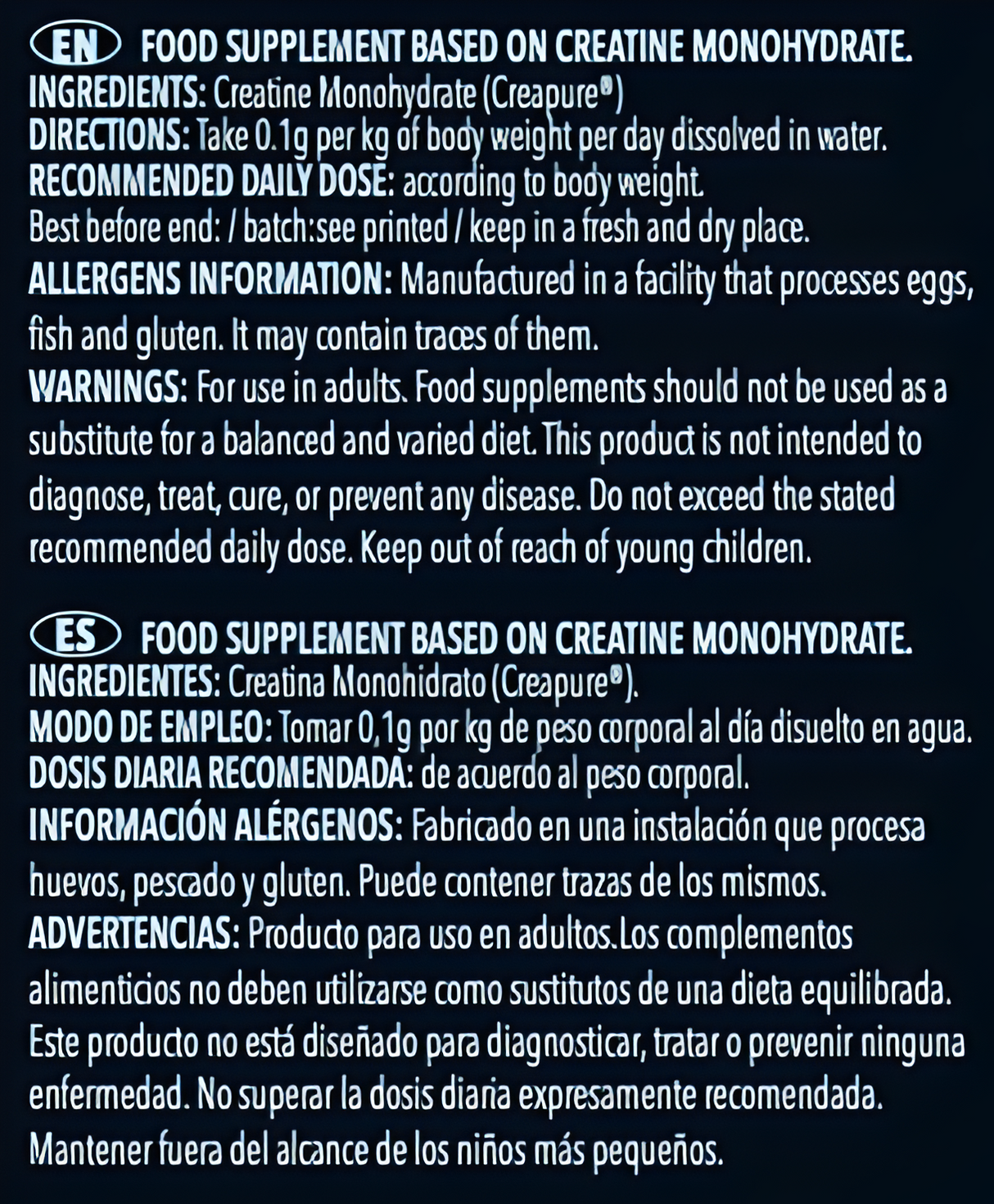 Ingredientes y recomendaciones de uso de la Creatina Creapure 100% de Efficient Science