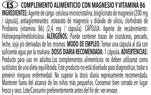 Bisciglinato de Magnesio 200 mg que proporciona 40 mg de magnesio elemental + Vitamina B6 por toma - 90 cápsulas y suministro para 60 días - EFFICIENT GROUP
